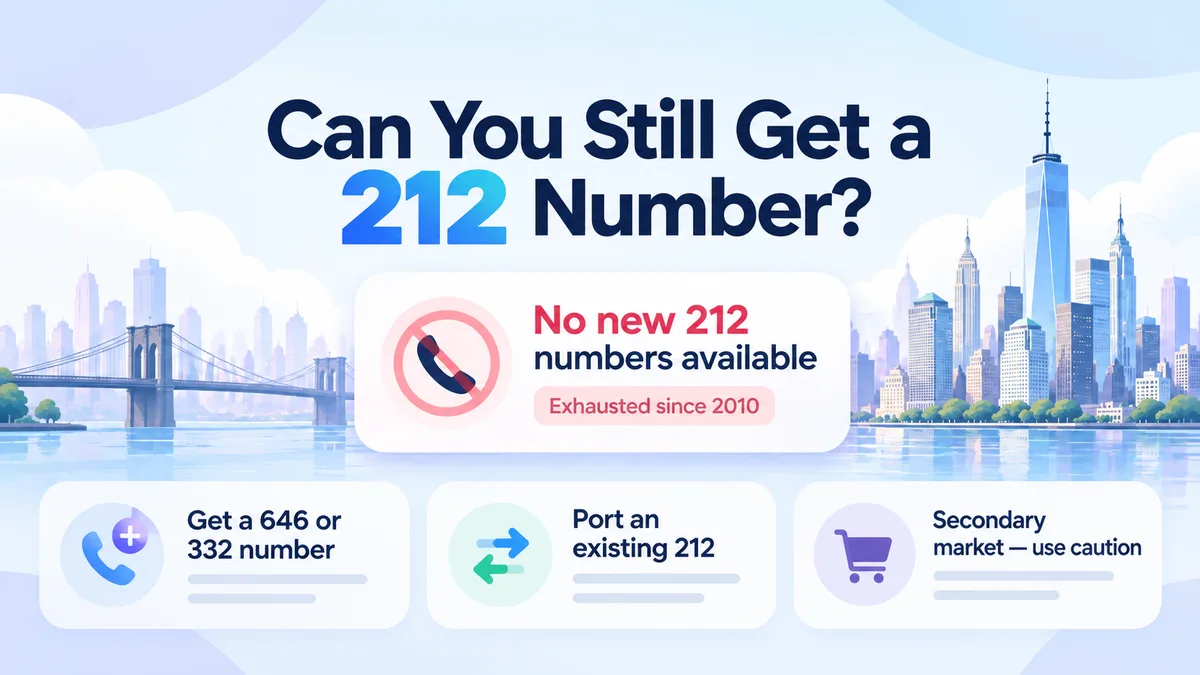 Graphic headed "Can you still get a 212 number?" with a struck-through handset reading "no new 212 numbers available, exhausted since 2010", above the three remaining routes: get a 646 or 332 number, port an existing 212, or the secondary market with caution.