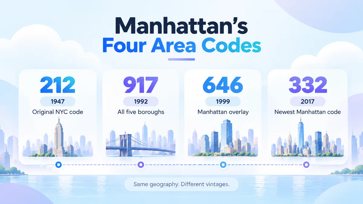 Four cards headed "Manhattan’s four area codes": 212 from 1947, the original NYC code; 917 from 1992, all five boroughs; 646 from 1999, a Manhattan overlay; and 332 from 2017, the newest Manhattan code. The footer reads "same geography, different vintages".