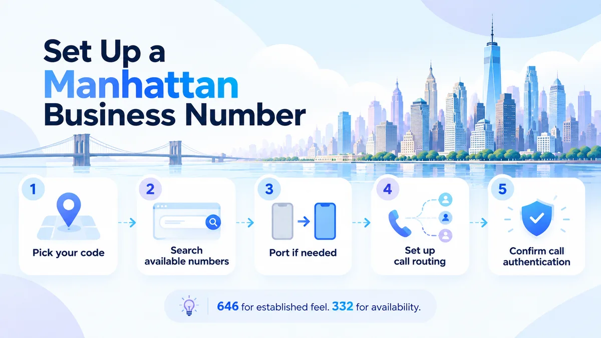 Five numbered steps headed "Set up a Manhattan business number": pick your code, search available numbers, port if needed, set up call routing, confirm call authentication. A footnote reads "646 for established feel, 332 for availability".