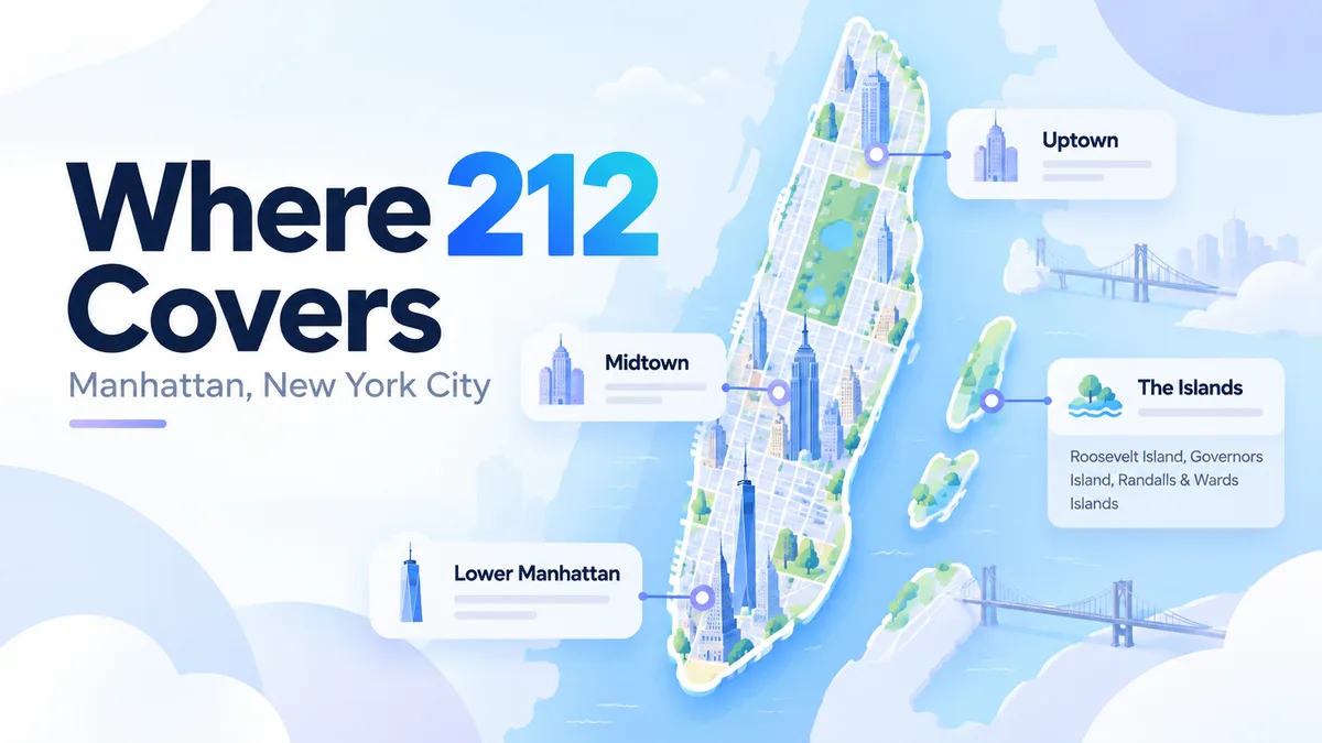 Map of Manhattan headed "Where 212 covers", labelled Uptown, Midtown and Lower Manhattan, with the islands - Roosevelt, Governors, Randalls and Wards - marked separately offshore.