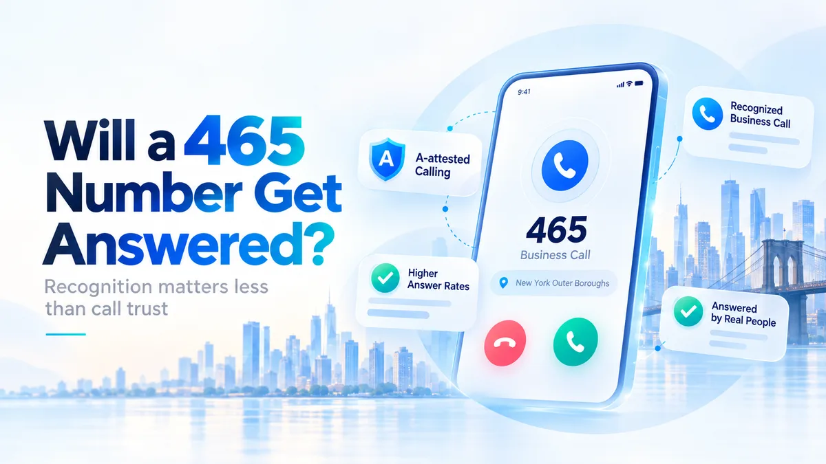 Graphic headed "Will a 465 number get answered? Recognition matters less than call trust", showing a handset with an incoming "465 business call" from the New York outer boroughs, labelled A-attested calling, higher answer rates and recognised business call.