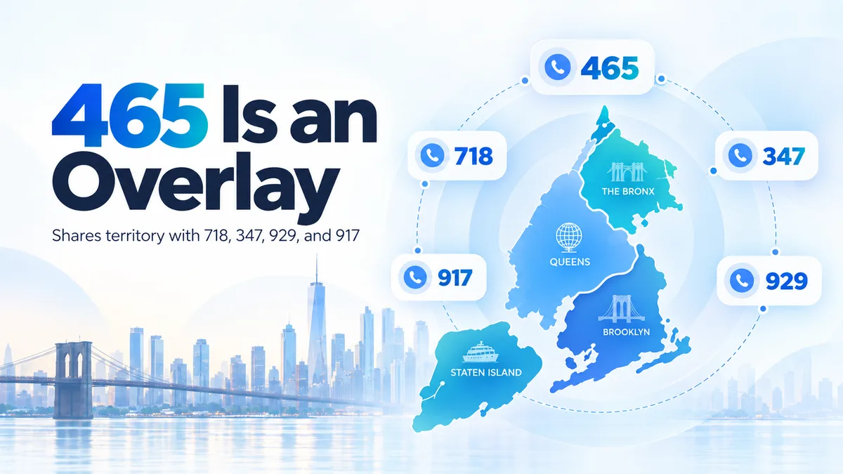 Graphic headed "465 is an overlay - shares territory with 718, 347, 929 and 917", with those five codes labelled around one map of Brooklyn, Queens, the Bronx and Staten Island.