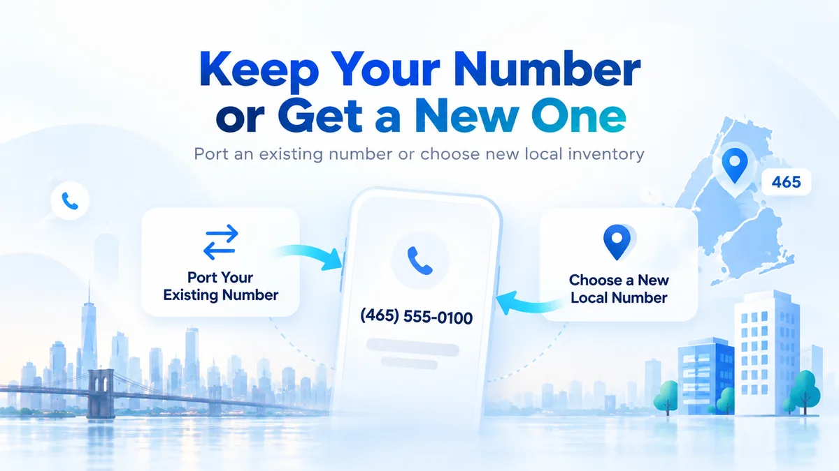 Graphic headed "Keep your number or get a new one", showing a handset with a 465 number between two options: port your existing number, or choose a new local number.