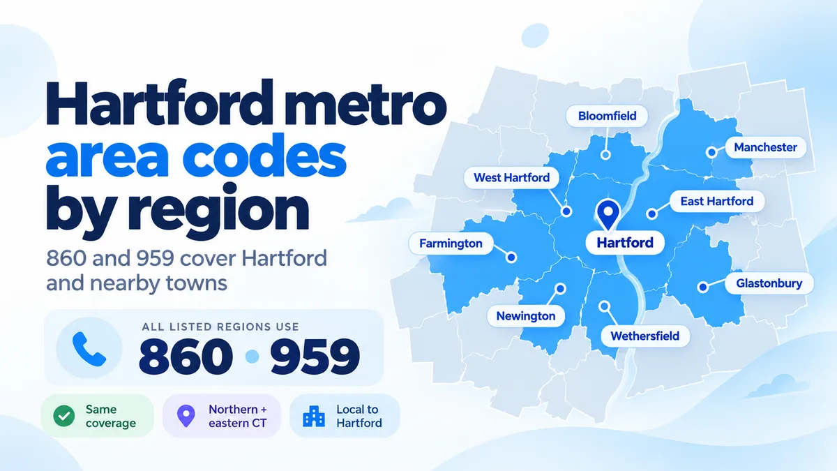 Map of the Hartford metro with Hartford pinned at the centre and West Hartford, Bloomfield, Manchester, East Hartford, Glastonbury, Wethersfield, Newington and Farmington labelled around it, all marked as 860 · 959.