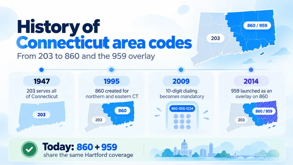 Four-step timeline of Connecticut area codes: 1947, 203 serves the whole state; 1995, 860 created for northern and eastern CT; 2009, ten-digit dialing becomes mandatory; 2014, 959 launched as an overlay on 860. A footer reads "Today: 860 + 959 share the same Hartford coverage".