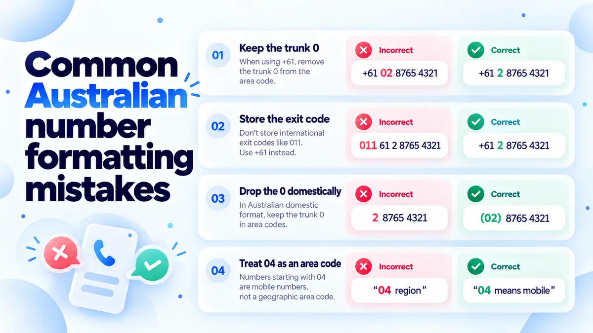 Four formatting mistakes shown as incorrect and correct pairs: keeping the trunk zero, +61 02 8765 4321 against +61 2 8765 4321; storing the exit code, 011 61 2 8765 4321 against +61 2 8765 4321; dropping the zero domestically, 2 8765 4321 against (02) 8765 4321; and treating 04 as an area code rather than as the marker for a mobile.