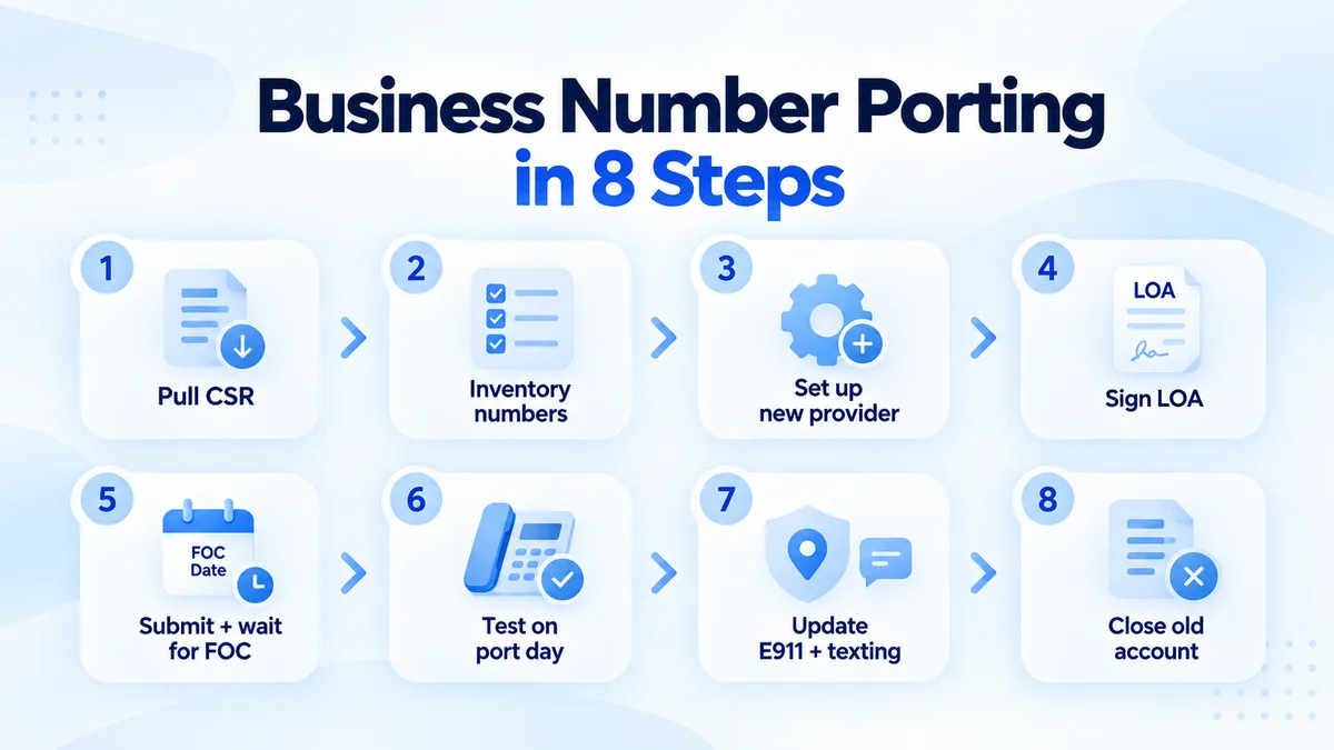 The eight porting steps as a numbered flow: pull CSR, inventory numbers, set up new provider, sign LOA, submit and wait for FOC, test on port day, update E911 and texting, close old account.