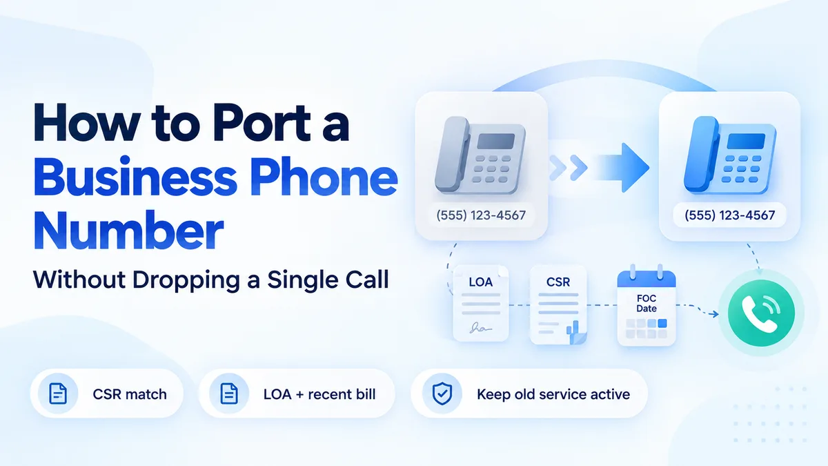 Title card reading "How to port a business phone number without dropping a single call", showing the same number (555) 123-4567 moving from an old desk phone to a new one, with the LOA, CSR and FOC date documents beneath it.