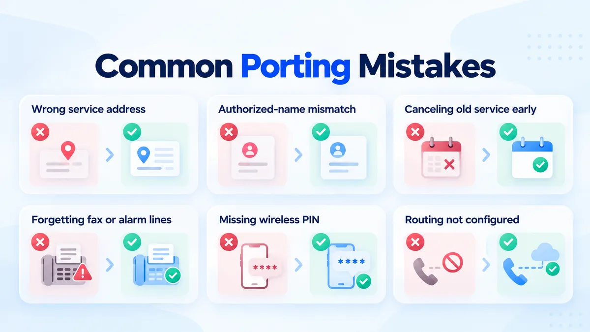 Six common porting mistakes shown as incorrect and corrected pairs: wrong service address, authorized-name mismatch, cancelling old service early, forgetting fax or alarm lines, missing wireless PIN, and routing not configured.